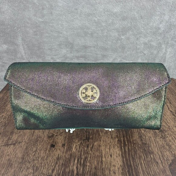 Tory Burch Austin Flap Clutch Bag Green Purple Iridescent Metallic Galaxy Cyber - Picture 1 of 14